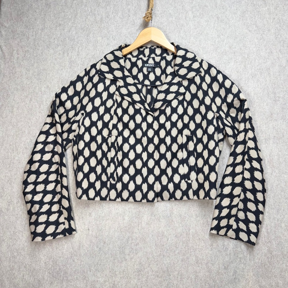 DKNY Women Black Khaki Ikat Print Cropped Cotton Silk Jacket Size 6 Chic Office
